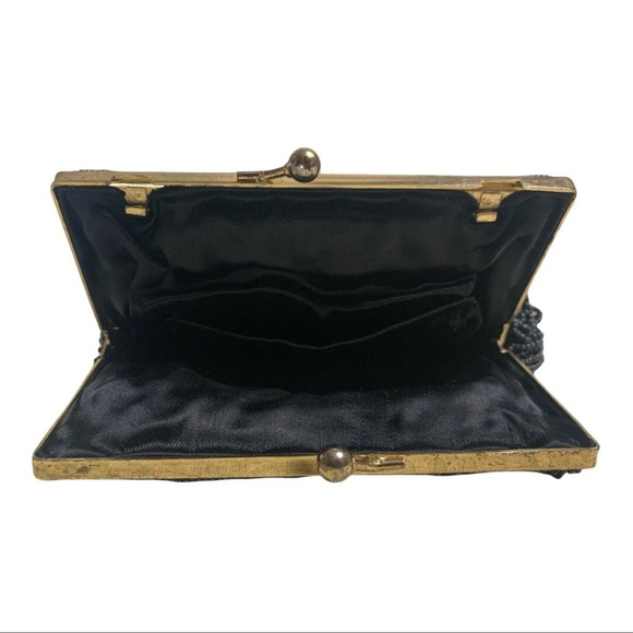 Beaded Purse Vintage Evening Hand Bag Clamshell Black Shell Formal Clutch Retro - Picture 3 of 8